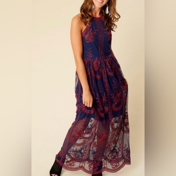Altar'd State Navy and Red Floral Lace and Embrodisred Dress - Picture 1 of 7